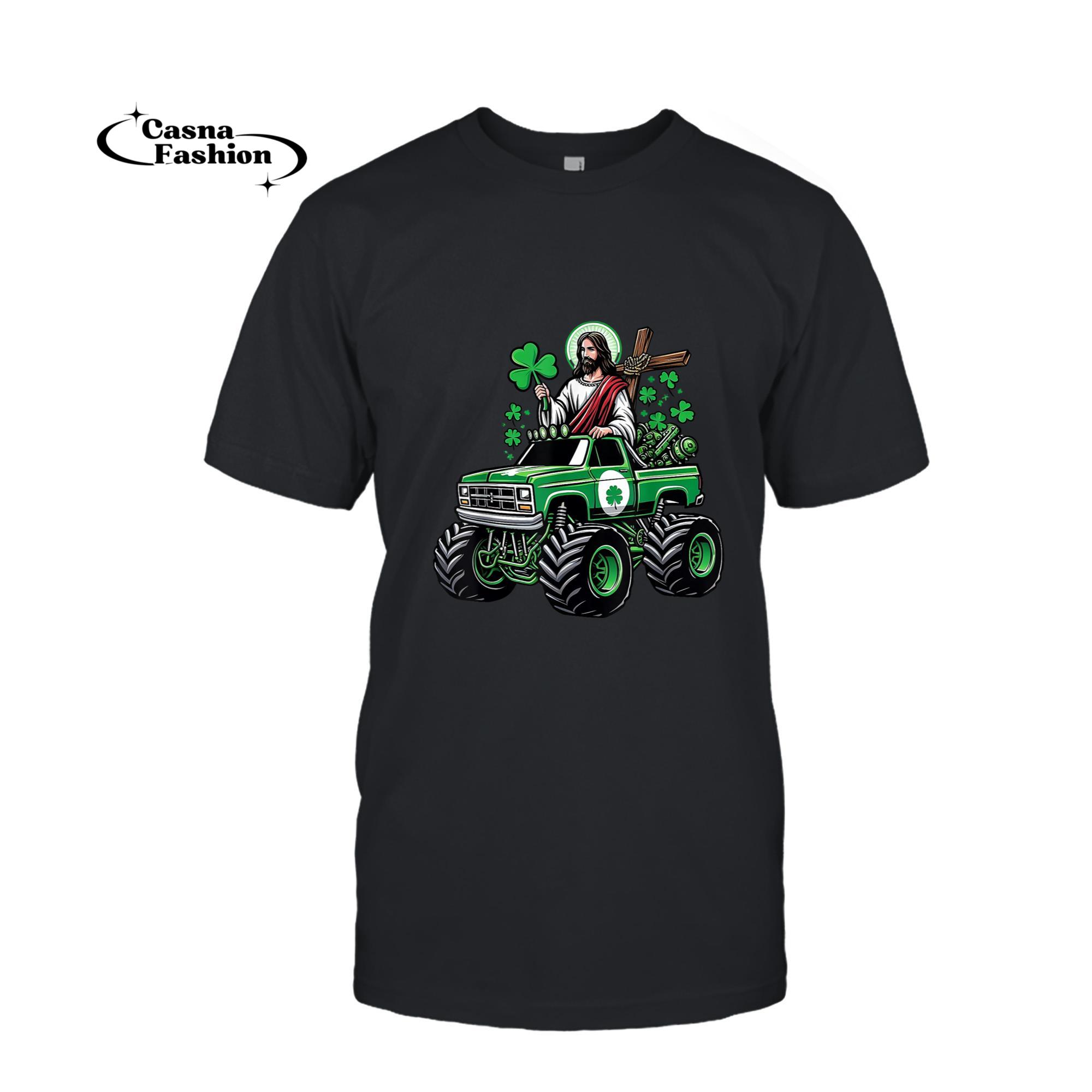 casnafashion_T-shirt_Funny Jesus Riding Monster Truck Meme Parody for Believers T-Shirt_T-shirt_Black