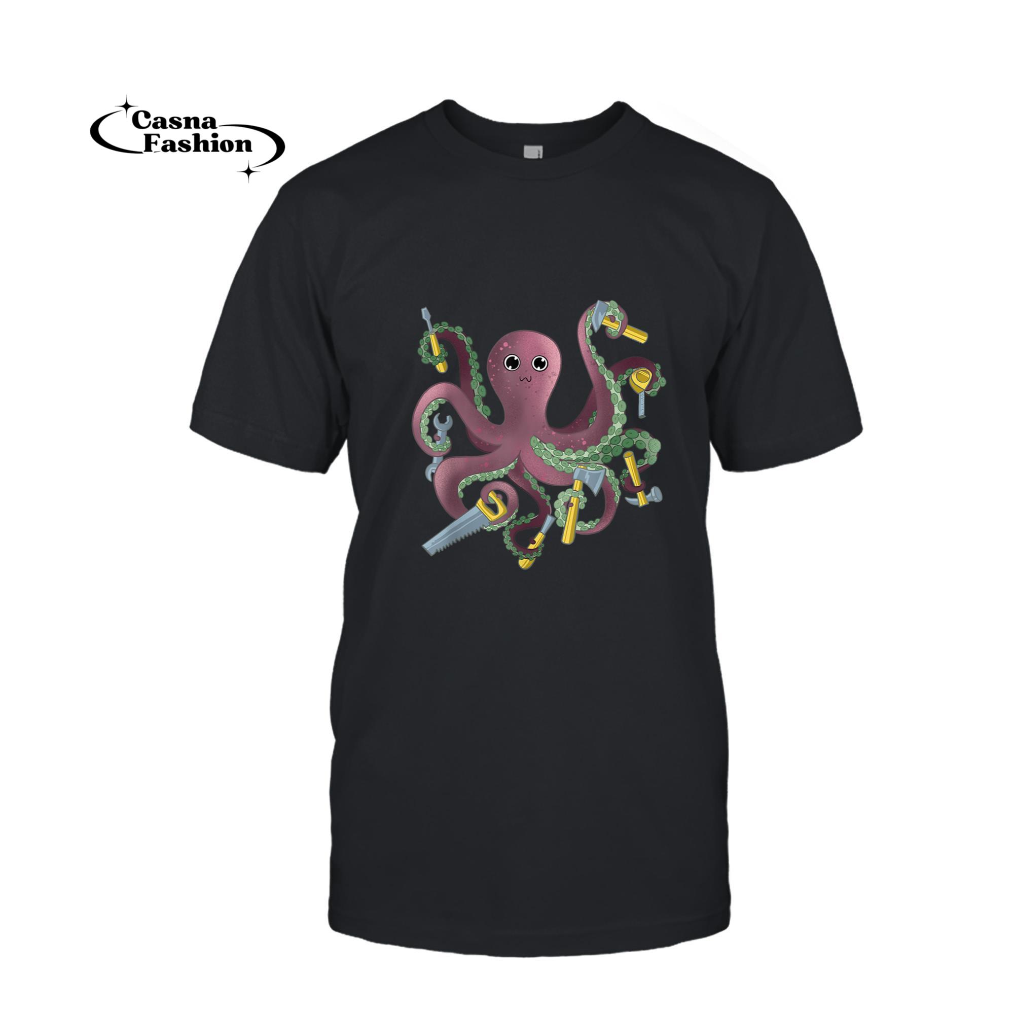 casnafashion_T-shirt_Funny Octopus Carpenter Illustration Carpentry Lover T-Shirt_T-shirt_Black