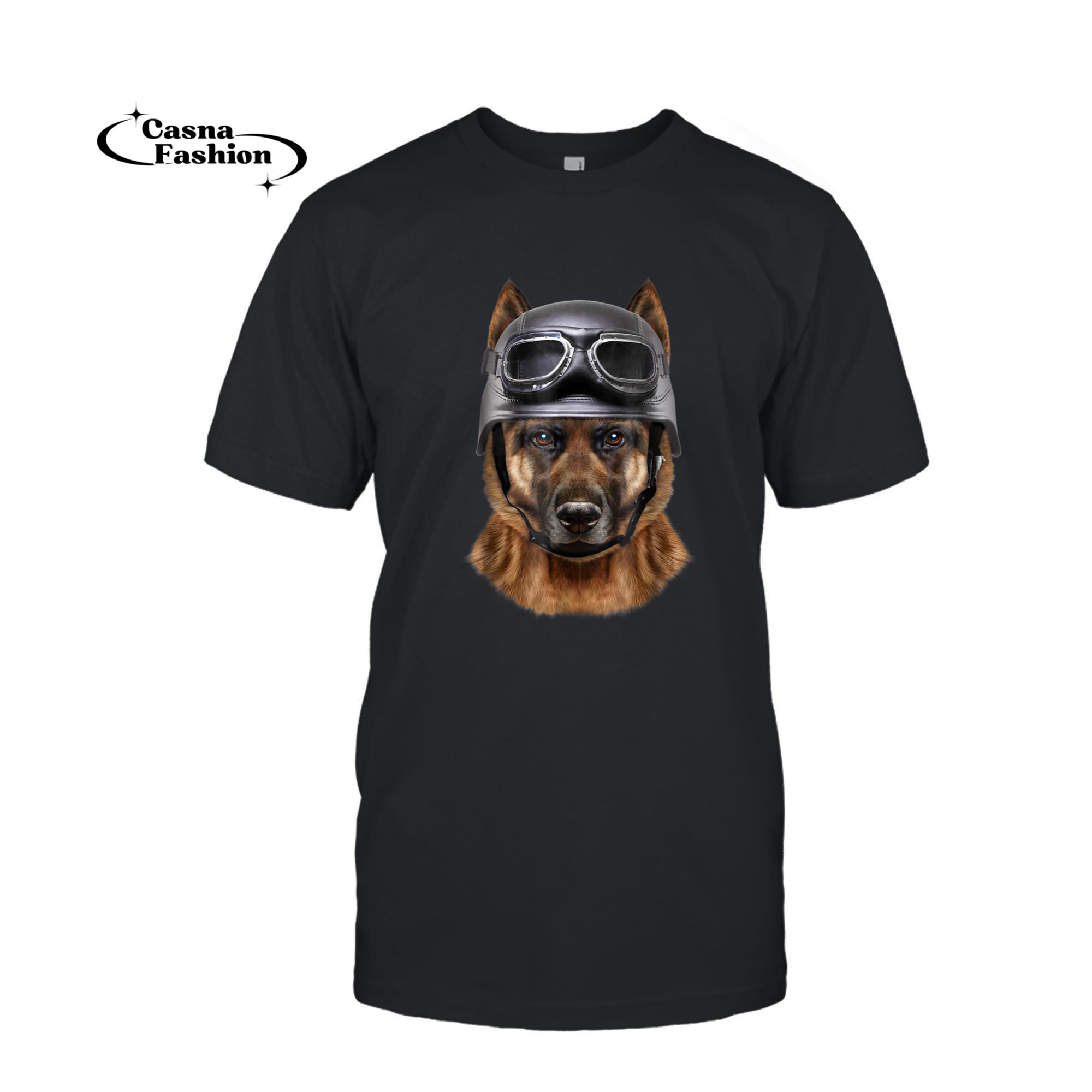 casnafashion_T-shirt_German Shepherd Dog Biker in Motorcycle Helmet, T-Shirt_T-shirt_Black