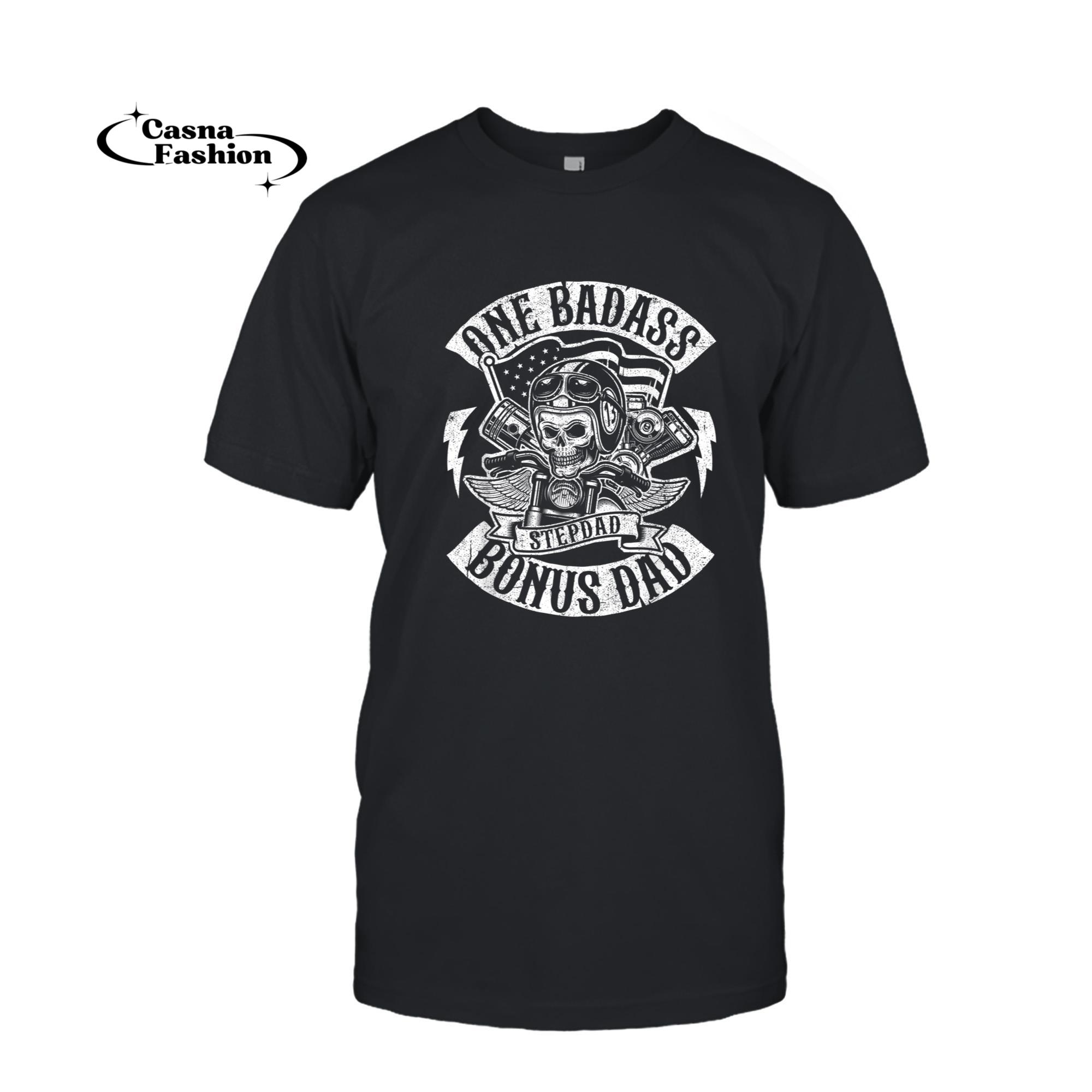 casnafashion_T-shirt_Mens One Badass Bonus Stepdad Biker Step Dad Fathers Day Gift T-Shirt_T-shirt_Black