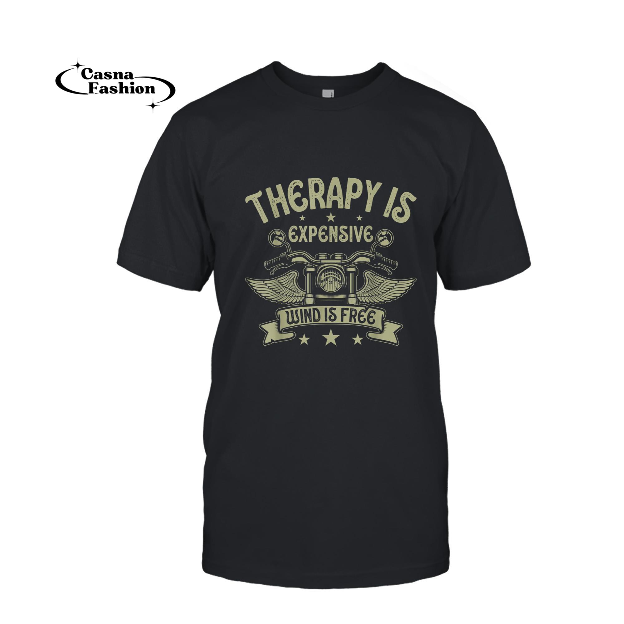 casnafashion_T-shirt_Mens Therapy Is Expensive Wind Is Free Biker Dad Motorcycle Men T-Shirt_T-shirt_Black