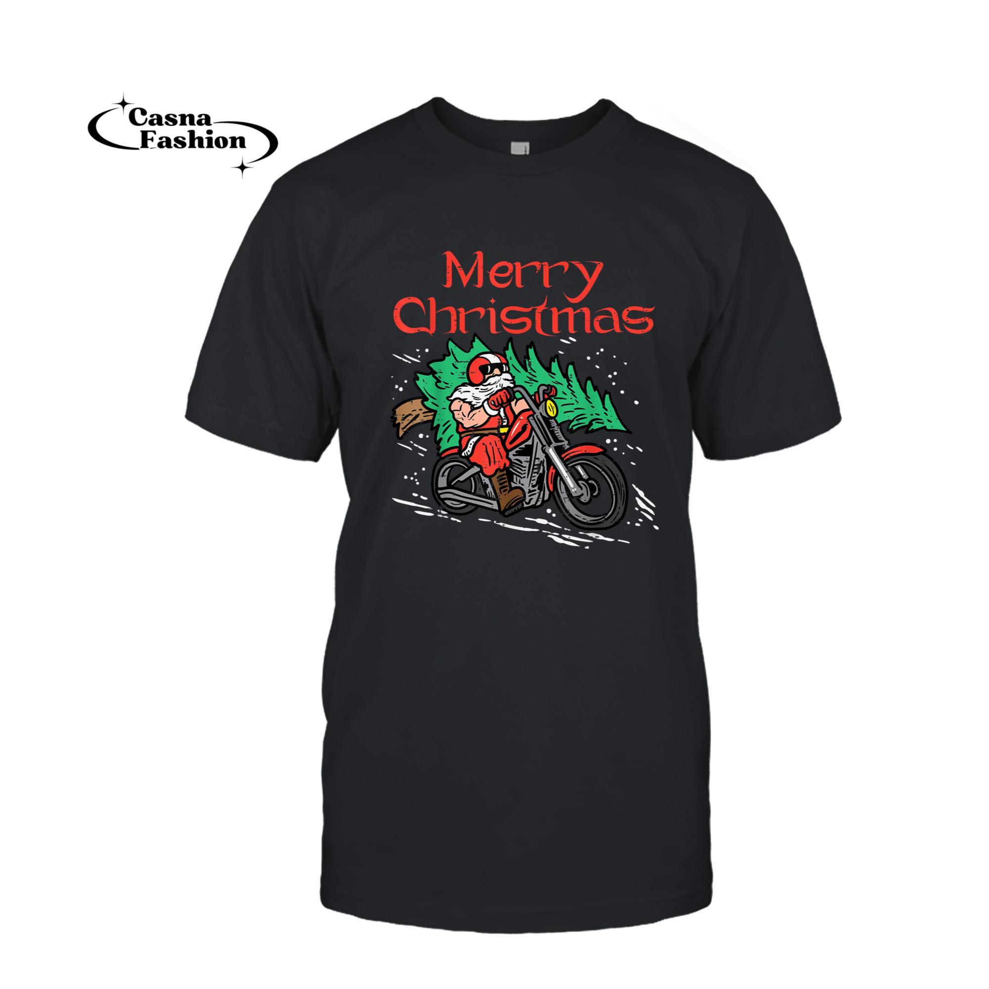 casnafashion_T-shirt_Merry Christmas Biker Santa Xmas Motorcycle Big Bike Dad Men T-Shirt_T-shirt_Black