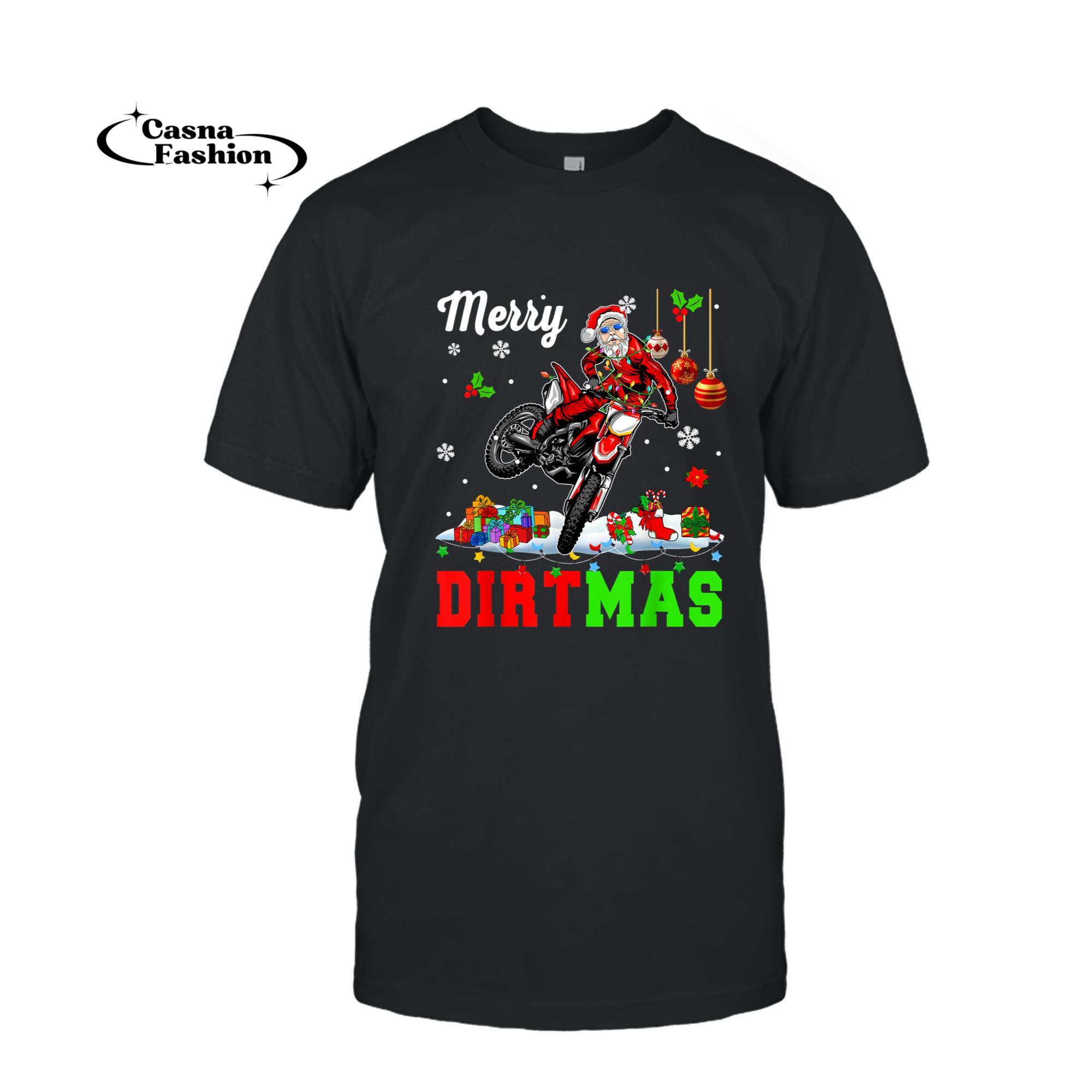 casnafashion_T-shirt_Merry Dirtmas Christmas Lights Santa Riding Dirt Bike Biker T-Shirt_T-shirt_Black