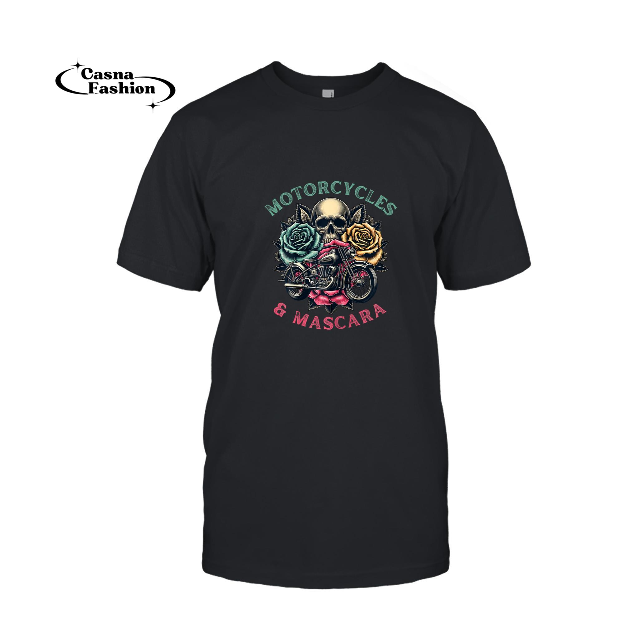 casnafashion_T-shirt_Motorbike Riding Women Motorcycles And Mascara Roses Biker T-Shirt_T-shirt_Black