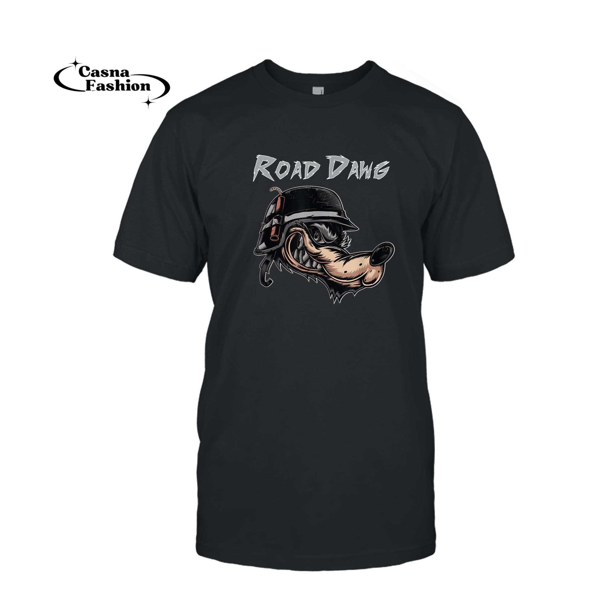 casnafashion_T-shirt_Motorcycle Biker Helmet Cartoon Road Dog Wolf Comic T-Shirt_T-shirt_Black