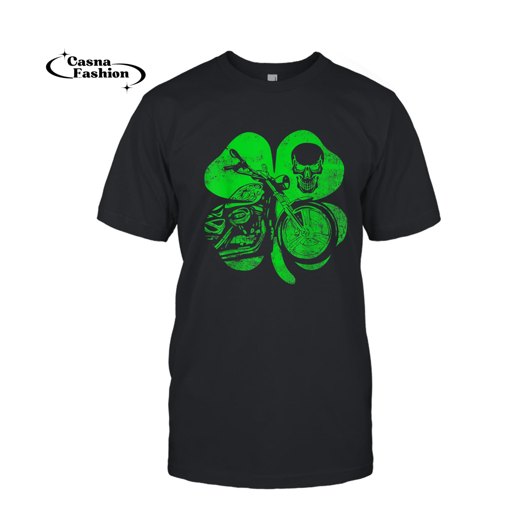 casnafashion_T-shirt_Motorcycle St Patricks Shirt Green Lucky Biker Skull Gift_T-shirt_Black