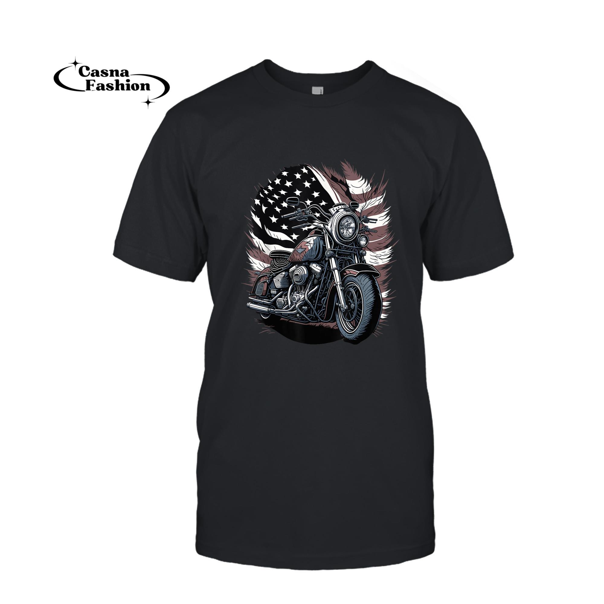 casnafashion_T-shirt_Motorcycle Vintage American Flag 4th of July Retro Biker T-Shirt_T-shirt_Black