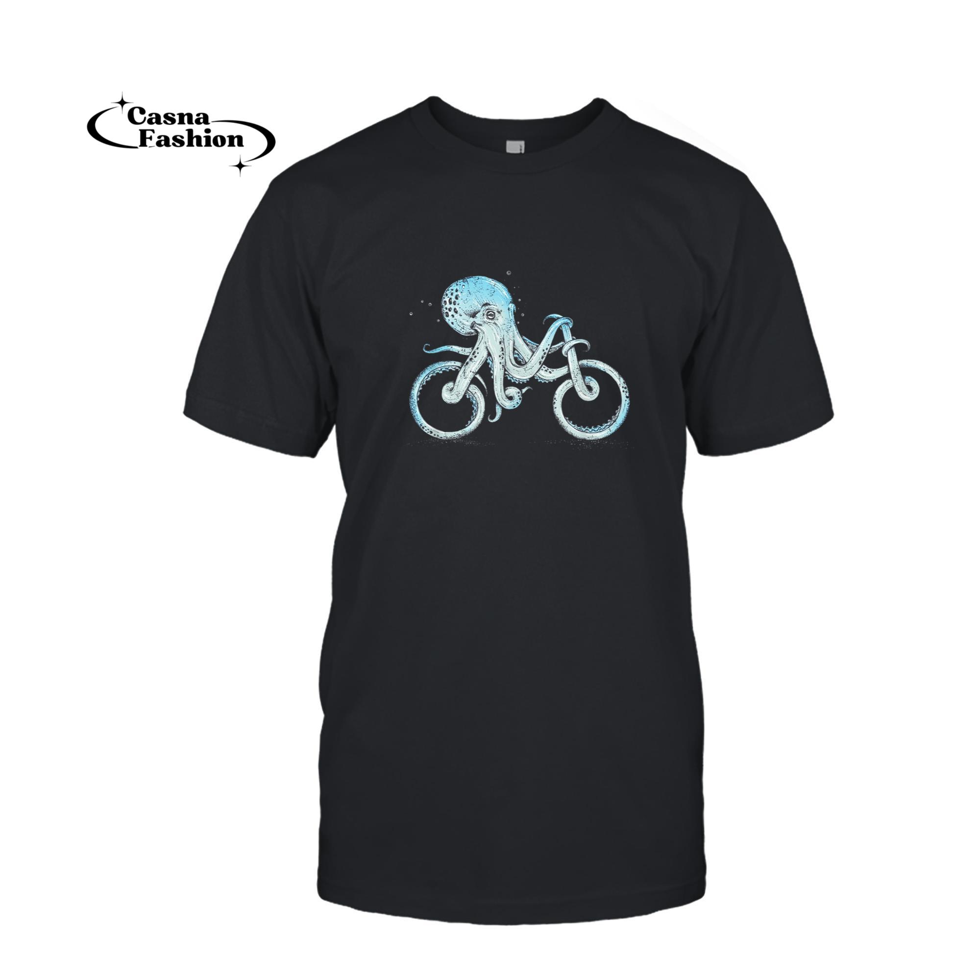 casnafashion_T-shirt_Octopus Riding A Bike Biker Biking Cycle Cycling T-Shirt_T-shirt_Black