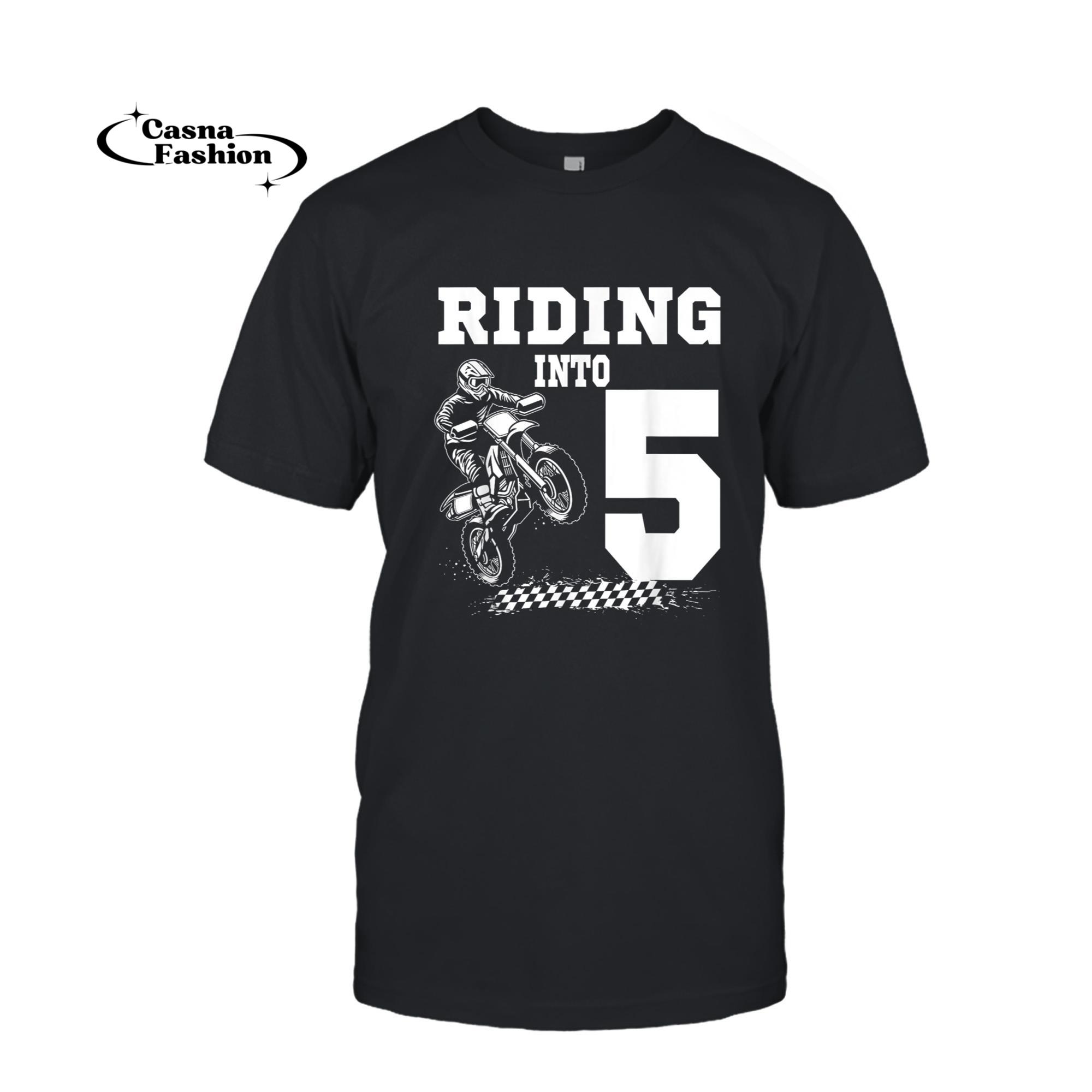 casnafashion_T-shirt_Riding Into 5 Motorcycle Dirt Bike 5th Birthday Biker T-Shirt_T-shirt_Black