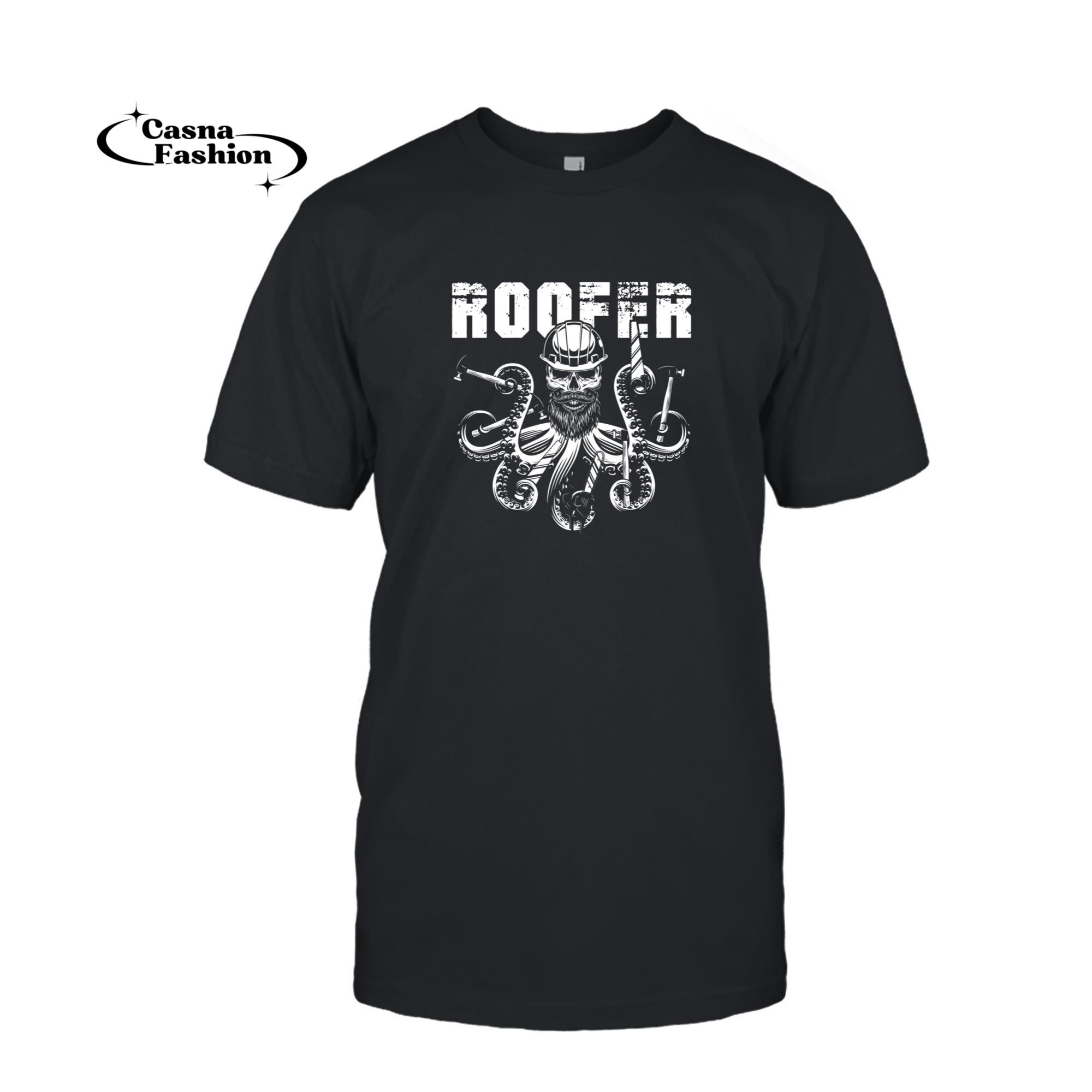 casnafashion_T-shirt_Roofer Octopus Roof Mechanic Construction Craftsman Hammer Pullover Hoodie_T-shirt_Black