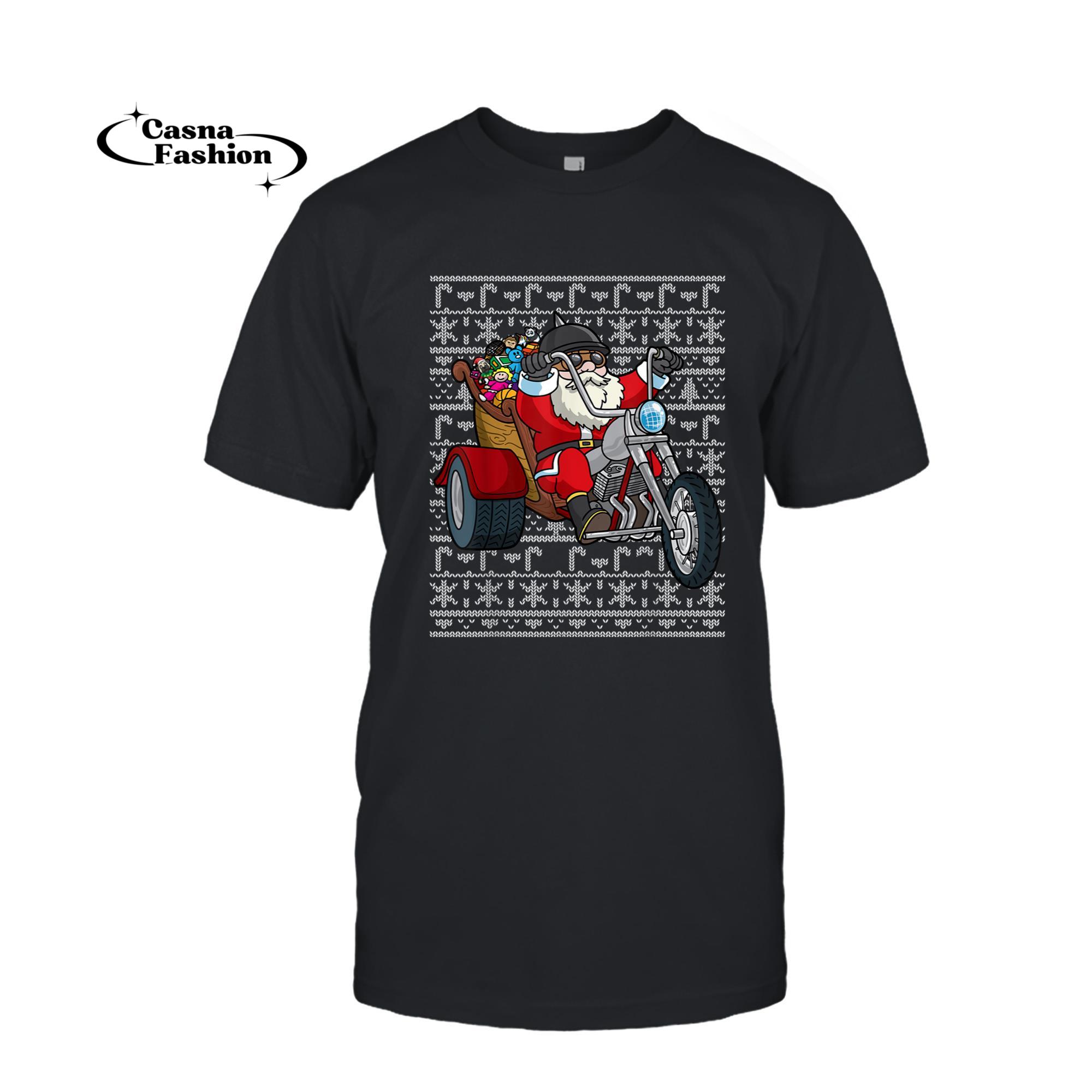 casnafashion_T-shirt_Santa Riding Motorcycle Ugly Christmas Biker Motorcycles T-Shirt_T-shirt_Black