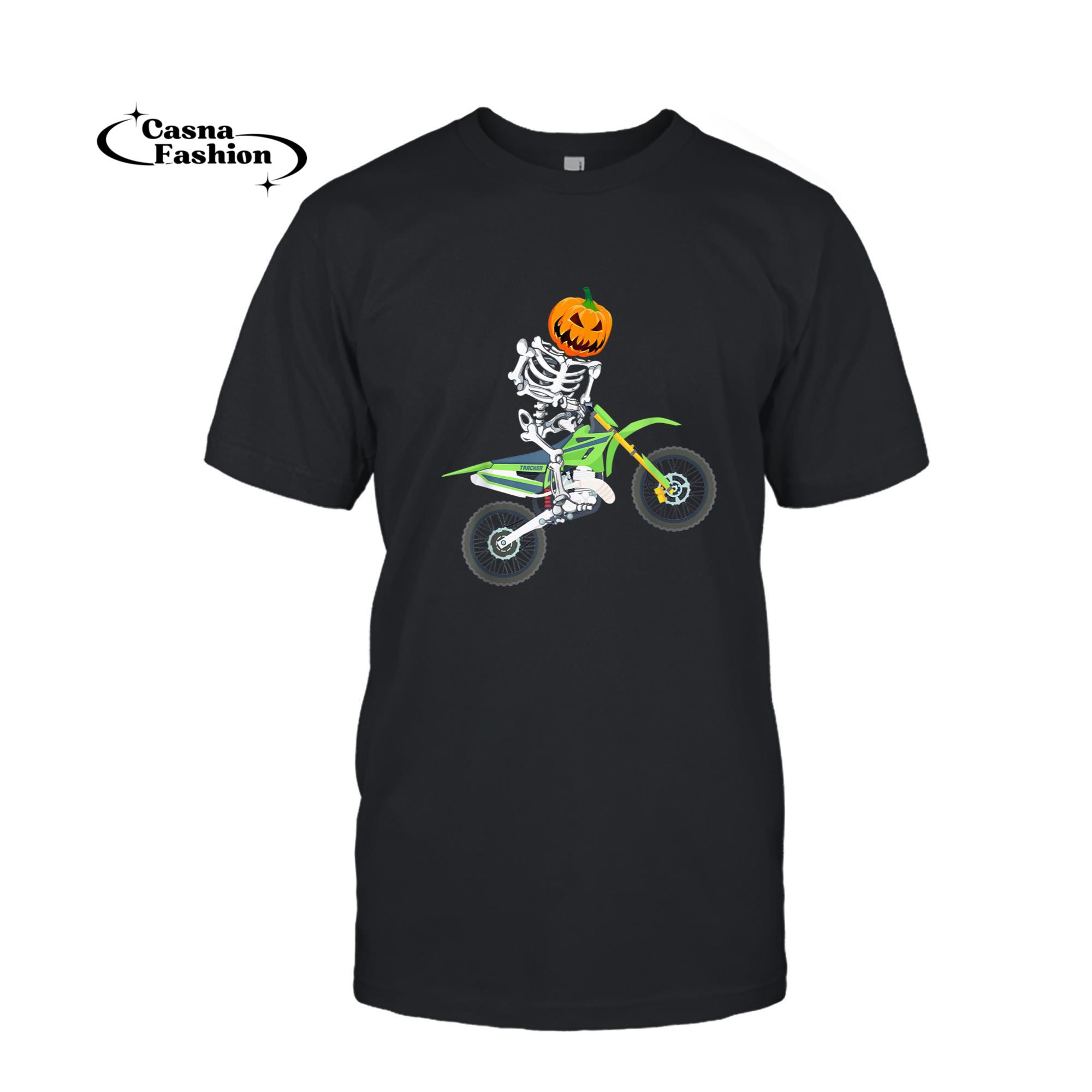 casnafashion_T-shirt_Skeleton Dirt Bike Halloween Pumpkin Motocross Biker T-Shirt_T-shirt_Black