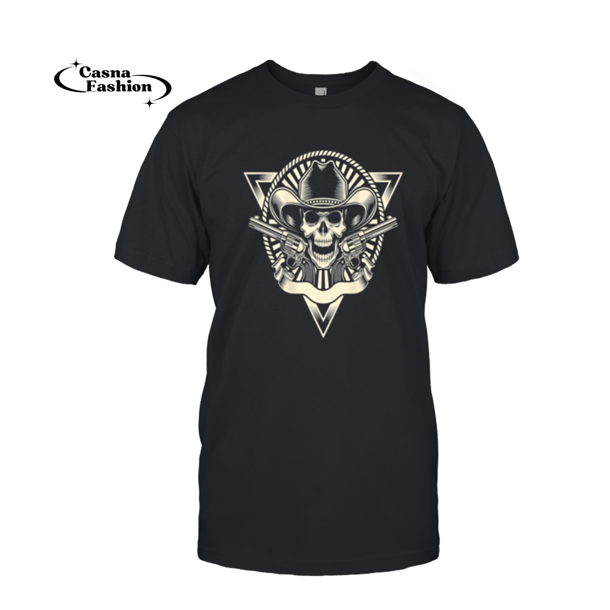 casnafashion_T-shirt_Skull Motorcycle Shirt Biker Cowboy Hat Outlaw Guns T-Shirt_T-shirt_Black