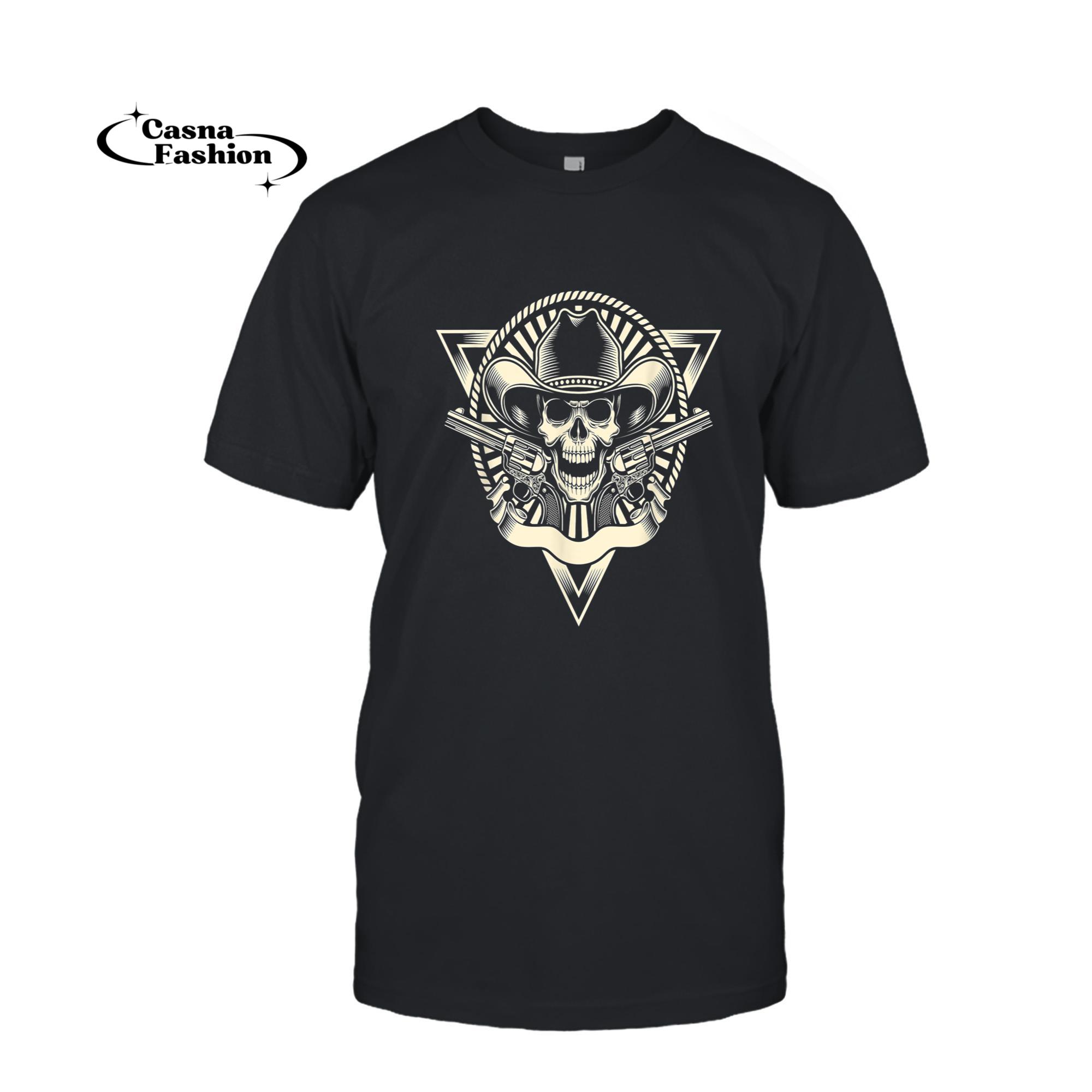 casnafashion_T-shirt_Skull Motorcycle Shirt Biker Outlaw Cowboy Hat Guns_T-shirt_Black