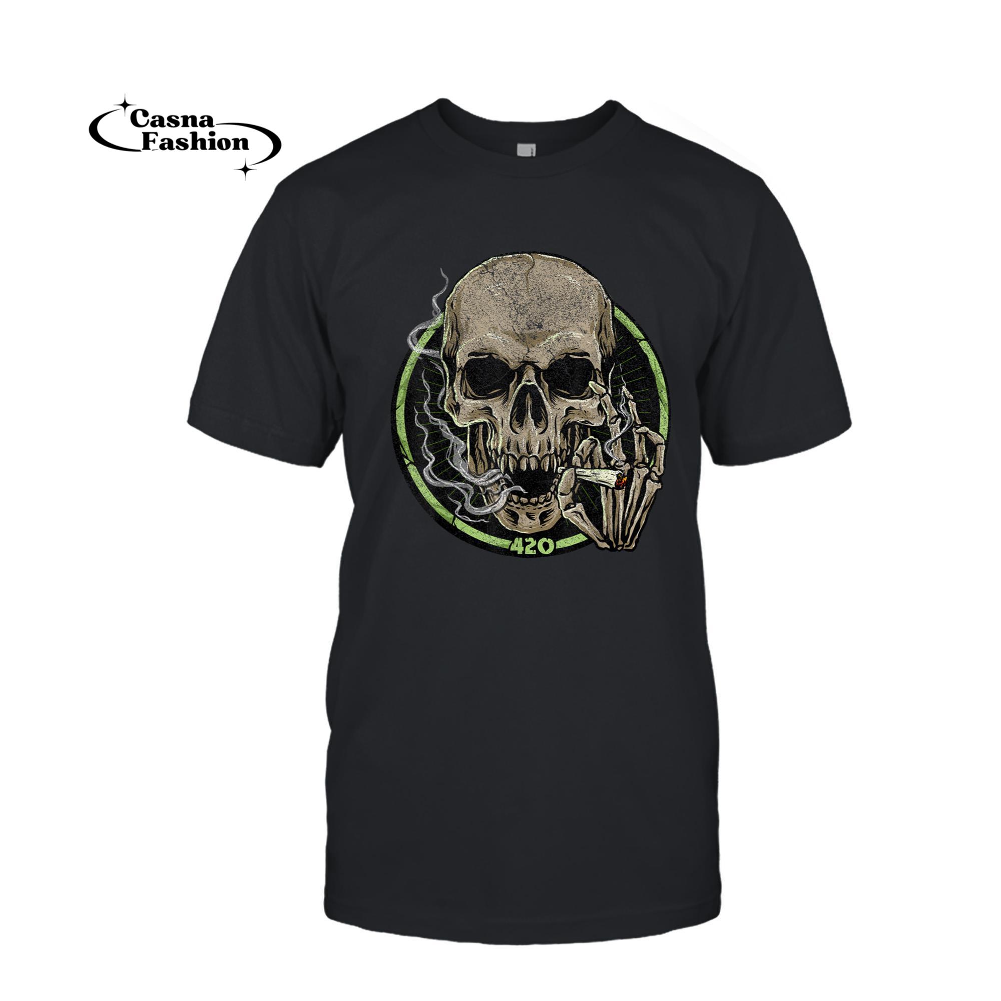 casnafashion_T-shirt_Smoking Skull Graphic Tee Musician Skeleton Party Tee T-Shirt_T-shirt_Black