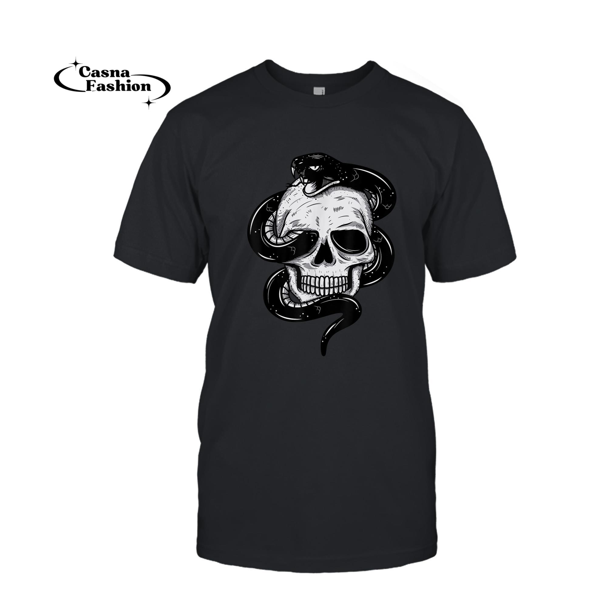 casnafashion_T-shirt_Snake And Skull T-Shirt Serpent Tattoo Biker Gift Men Women_T-shirt_Black