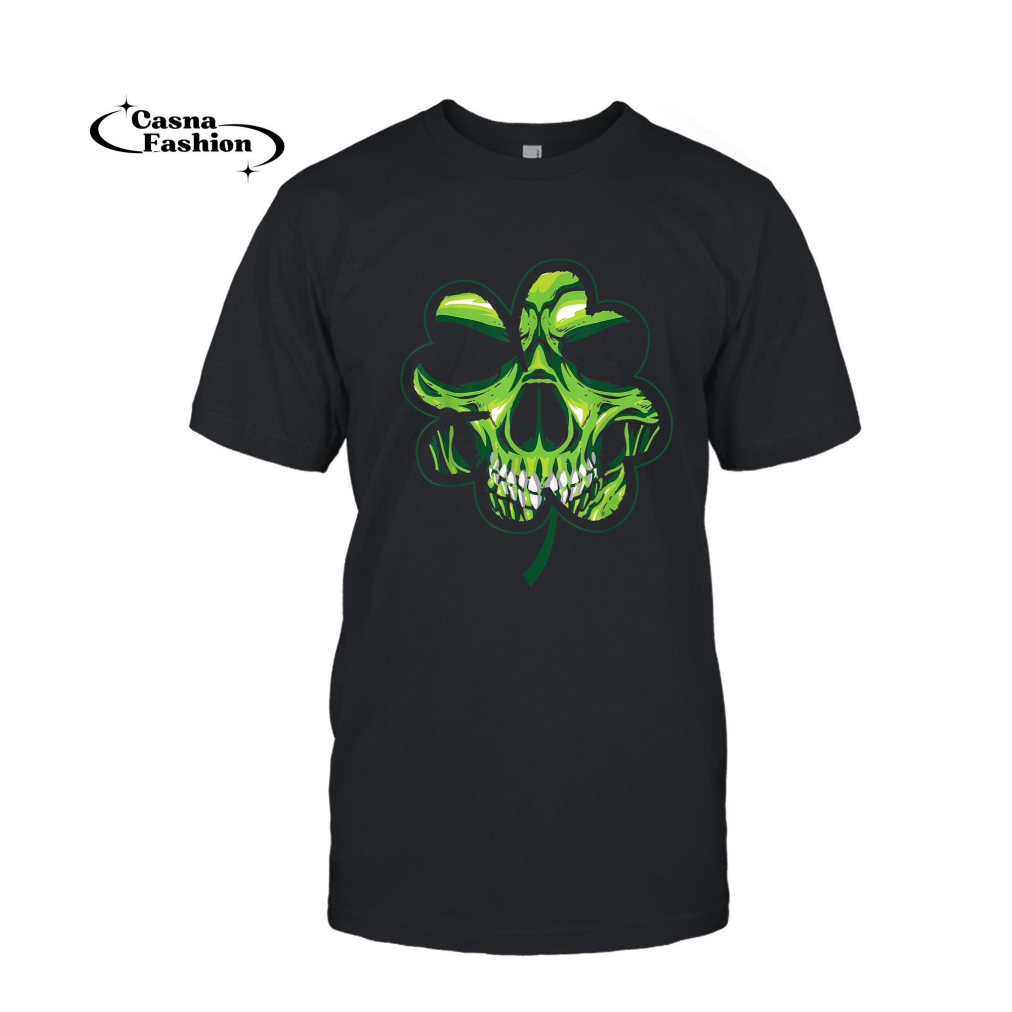 casnafashion_T-shirt_St Patricks Day Shirt Shamrock Skull Biker Mens Womens_T-shirt_Black