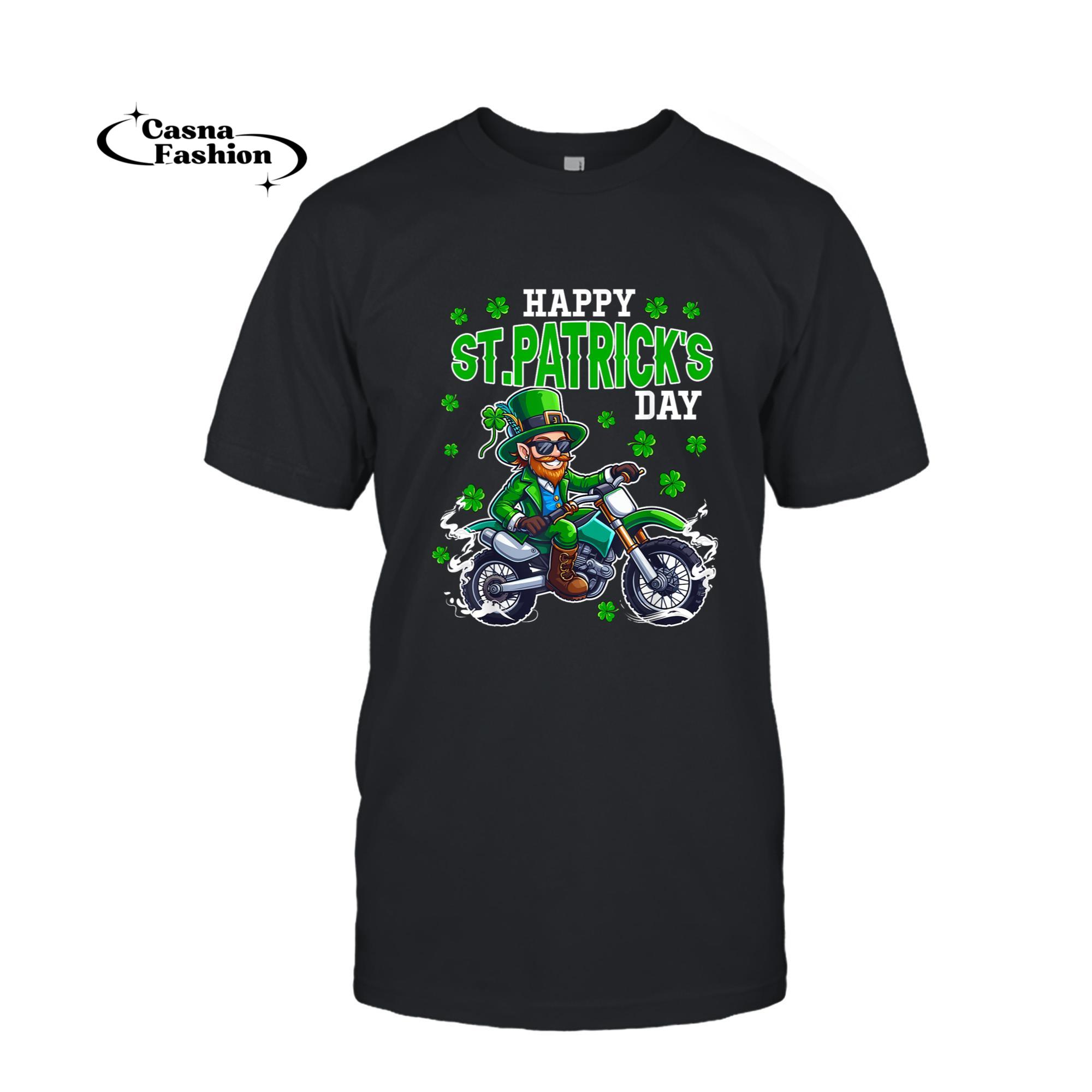 casnafashion_T-shirt_St. Patrick's Day Man Riding Dirt Bike Shamrocks Biker Lover T-Shirt_T-shirt_Black