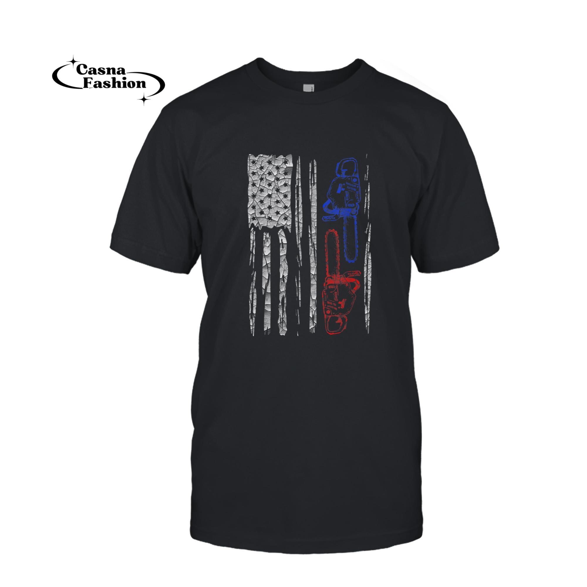 casnafashion_T-shirt_US FLAG CHAINSAW TShirt Lumberjack Logger Lumber Gift Tee_T-shirt_Black