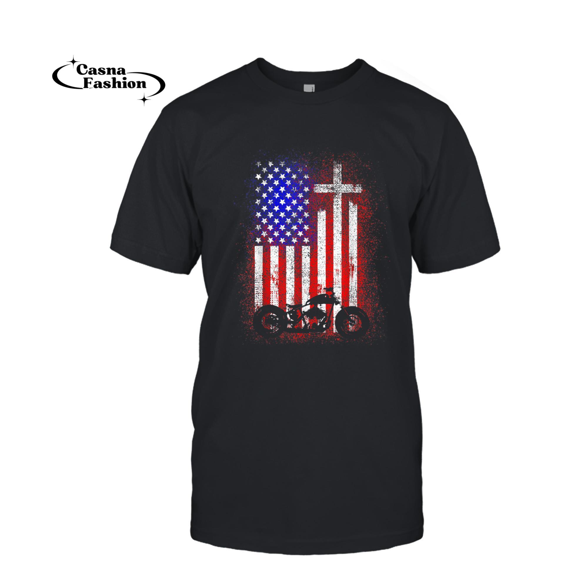 casnafashion_T-shirt_Vintage Motor Bike USA Flag Christian Faith for Bikers T-Shirt_T-shirt_Black