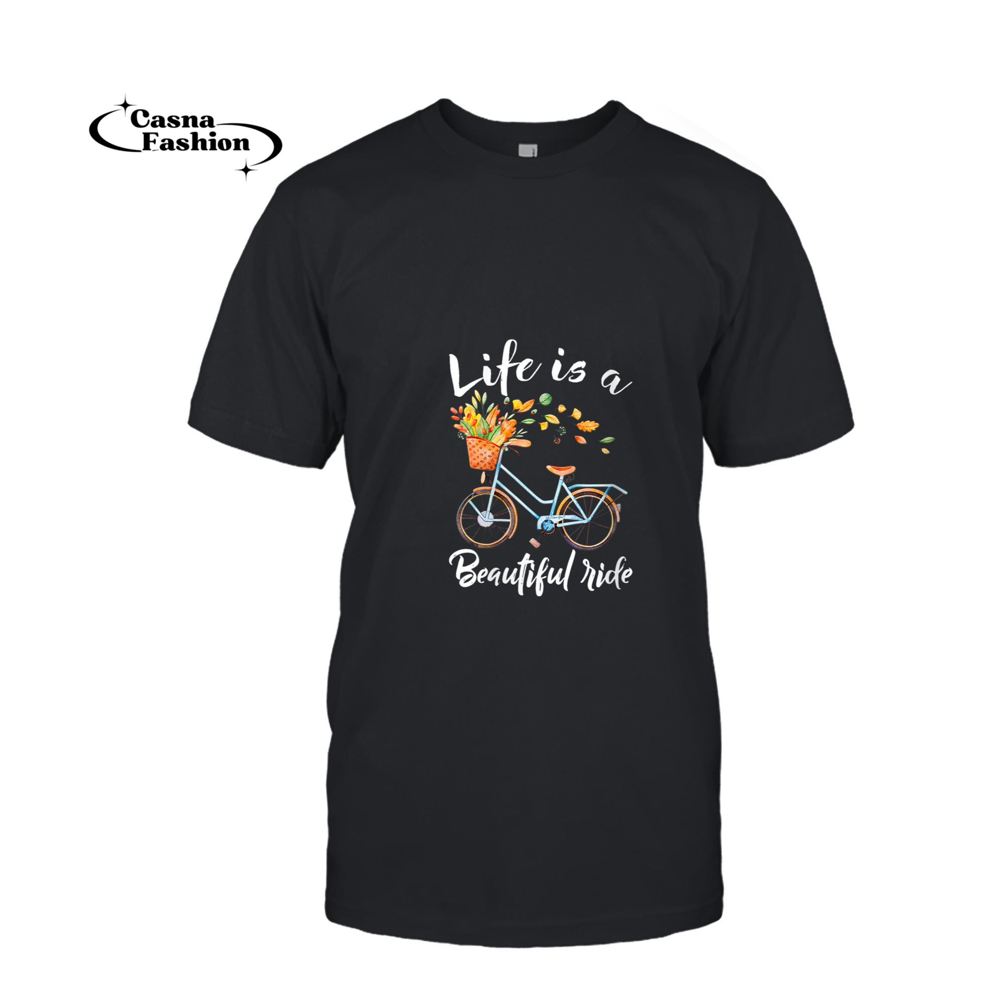 casnafashion_T-shirt_Womens Life is a Beautiful Ride Funny Cycling Bicycle Biker V-Neck T-Shirt_T-shirt_Black