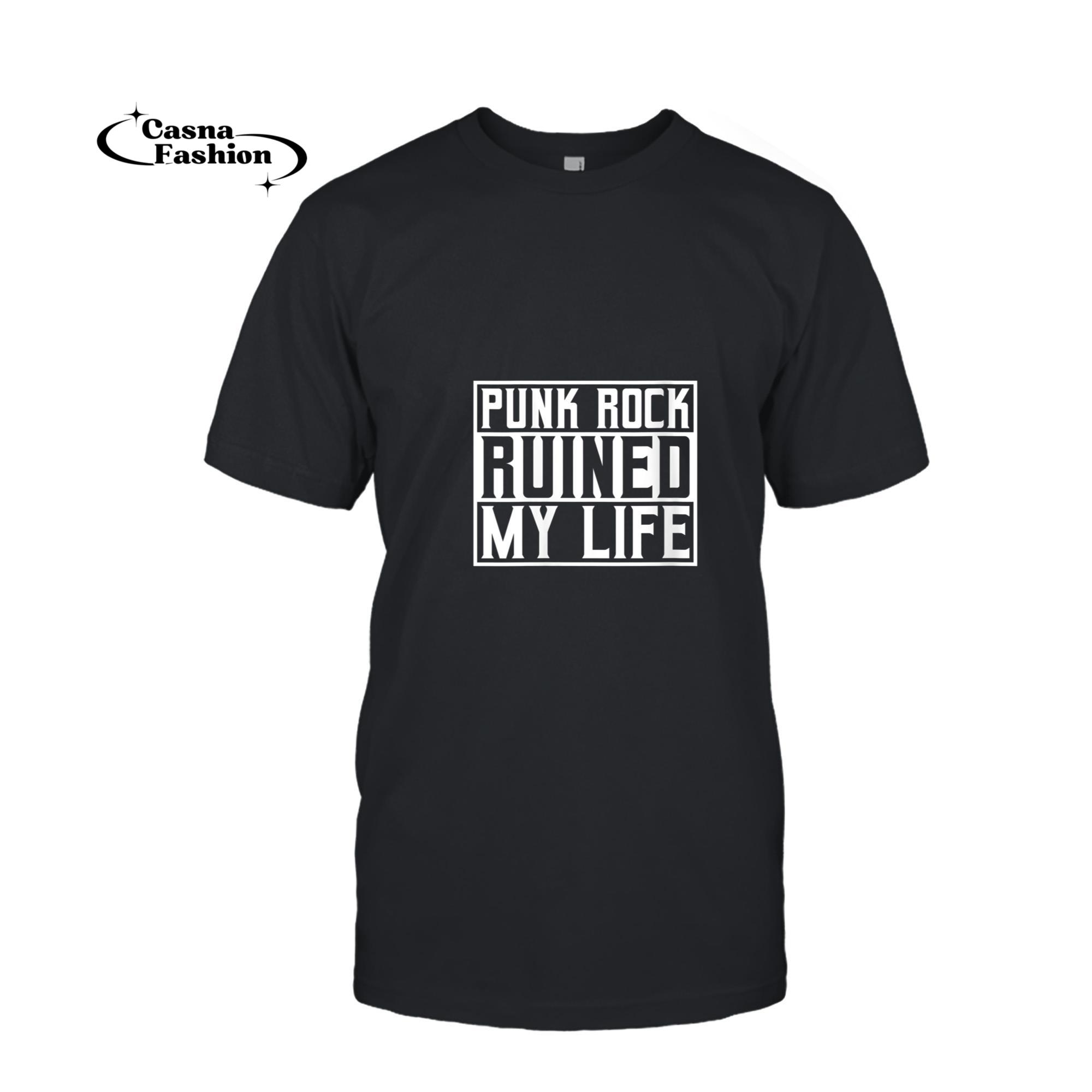 casnafashion_T-shirt_Womens Punk Rock Ruined My Life - Hard Rock Punker Goth Biker V-Neck T-Shirt_T-shirt_Black