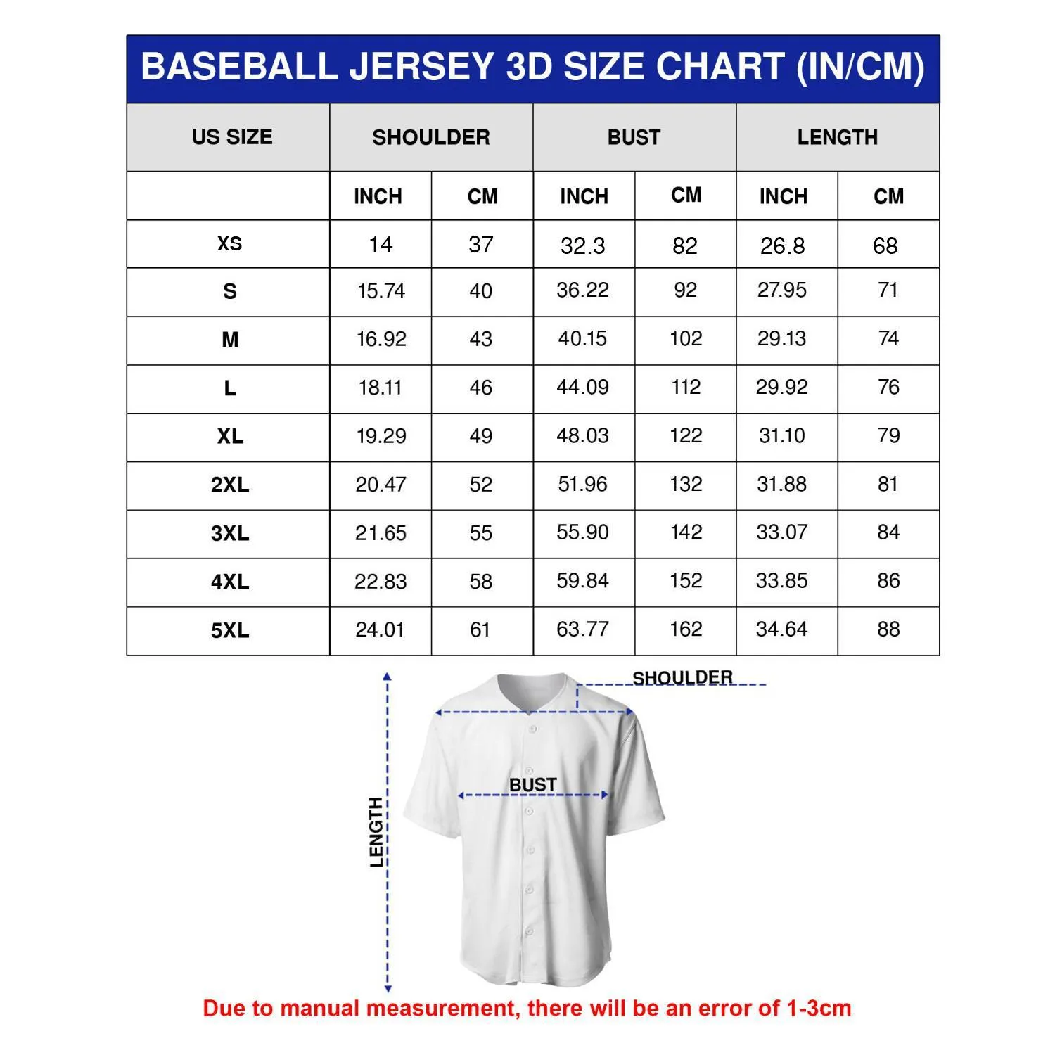 3d baseball jersey size chart