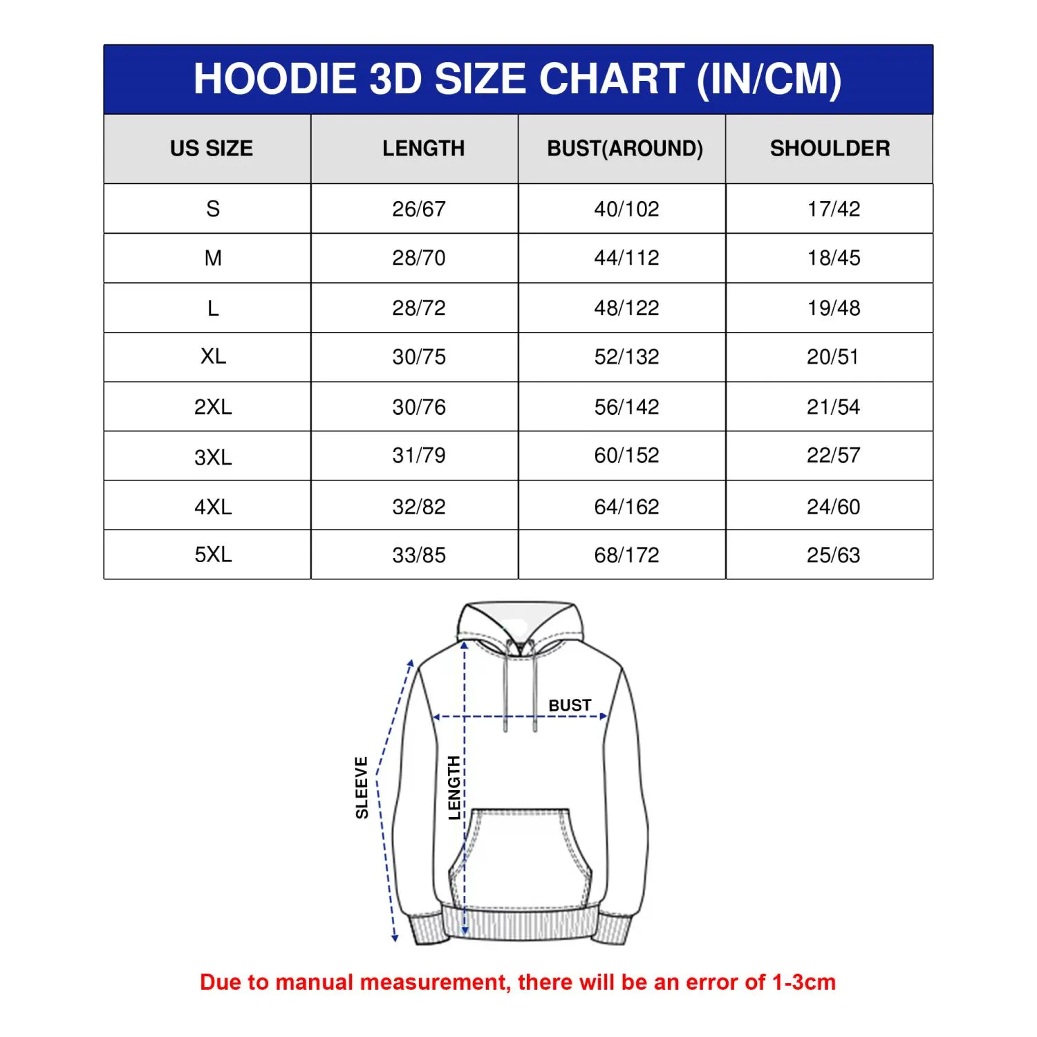 3d Hoodie size chart