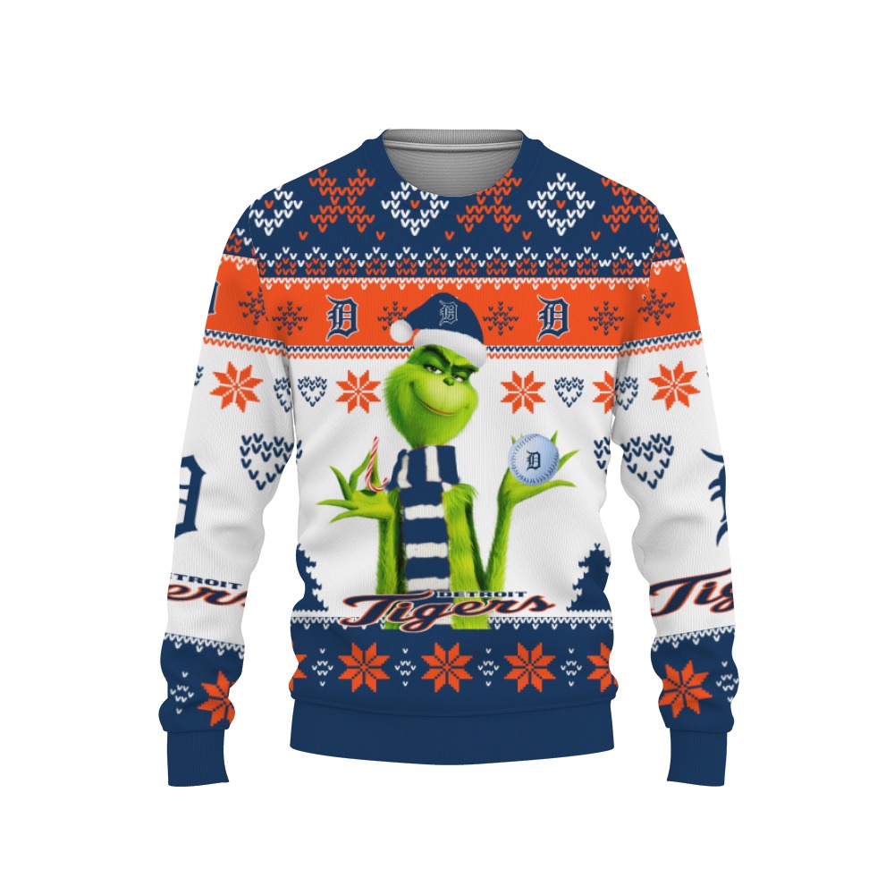 merry christmas 2022 ugly unisex baseball american grinch cute detroit tigers-3D Sweatshirt